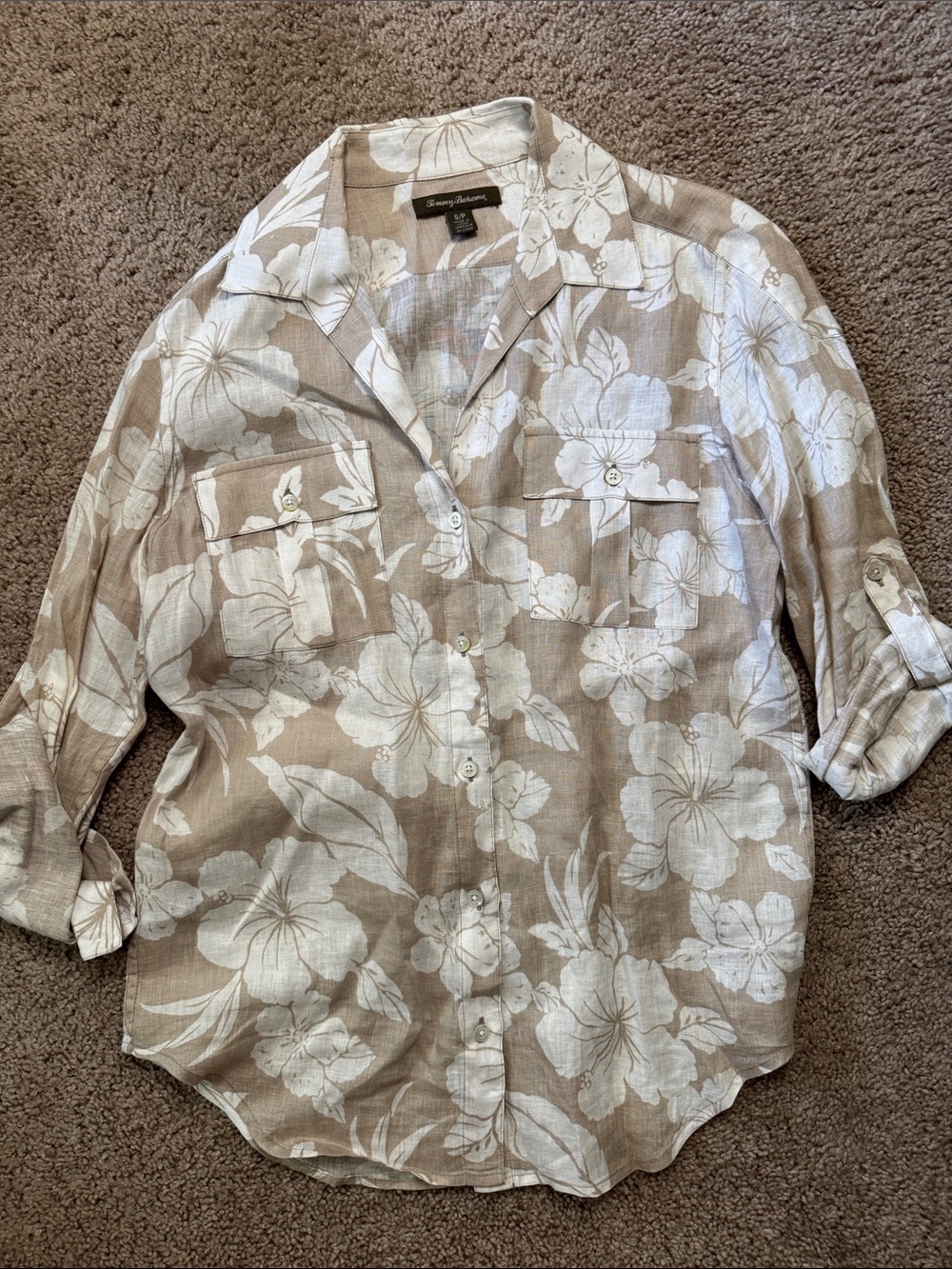 Tommy Bahama Tan and White Floral Relaxed Button-Up Shirt